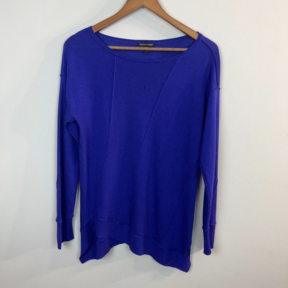 Eileen Fisher Sweater Womens Small Purple 100% Merino Wool Lightweight Knit Hole